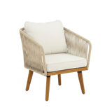 Outdoor Rope 4-Piece Patio Sofa Set with Wooden Legs & Coffee Table (Platinum & Off-White)