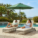 Outdoor Wicker Rattan Lounger Set of 2 with Patio Umbrella (Silver Grey & Off-White)