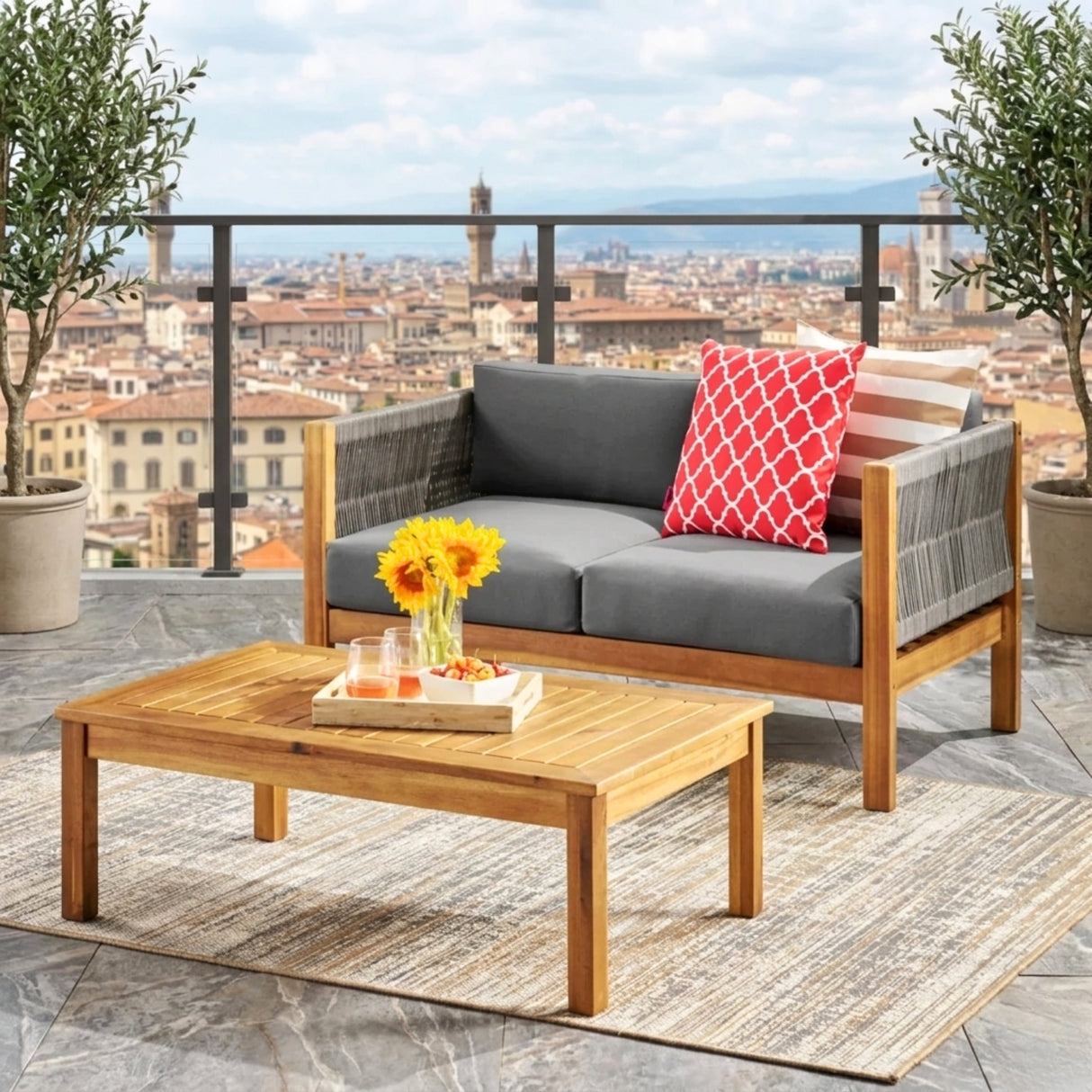 Outdoor Rope 2 Seater Sofa Set with Wooden Center Table