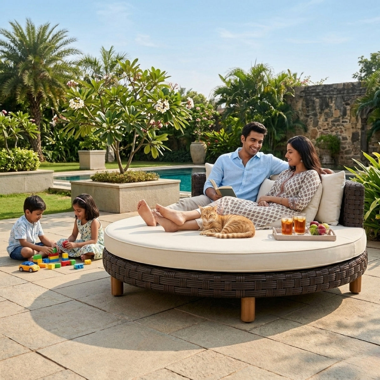 Outdoor All-Weather Rattan Wicker Round Daybed (Dark Brown & Cream)