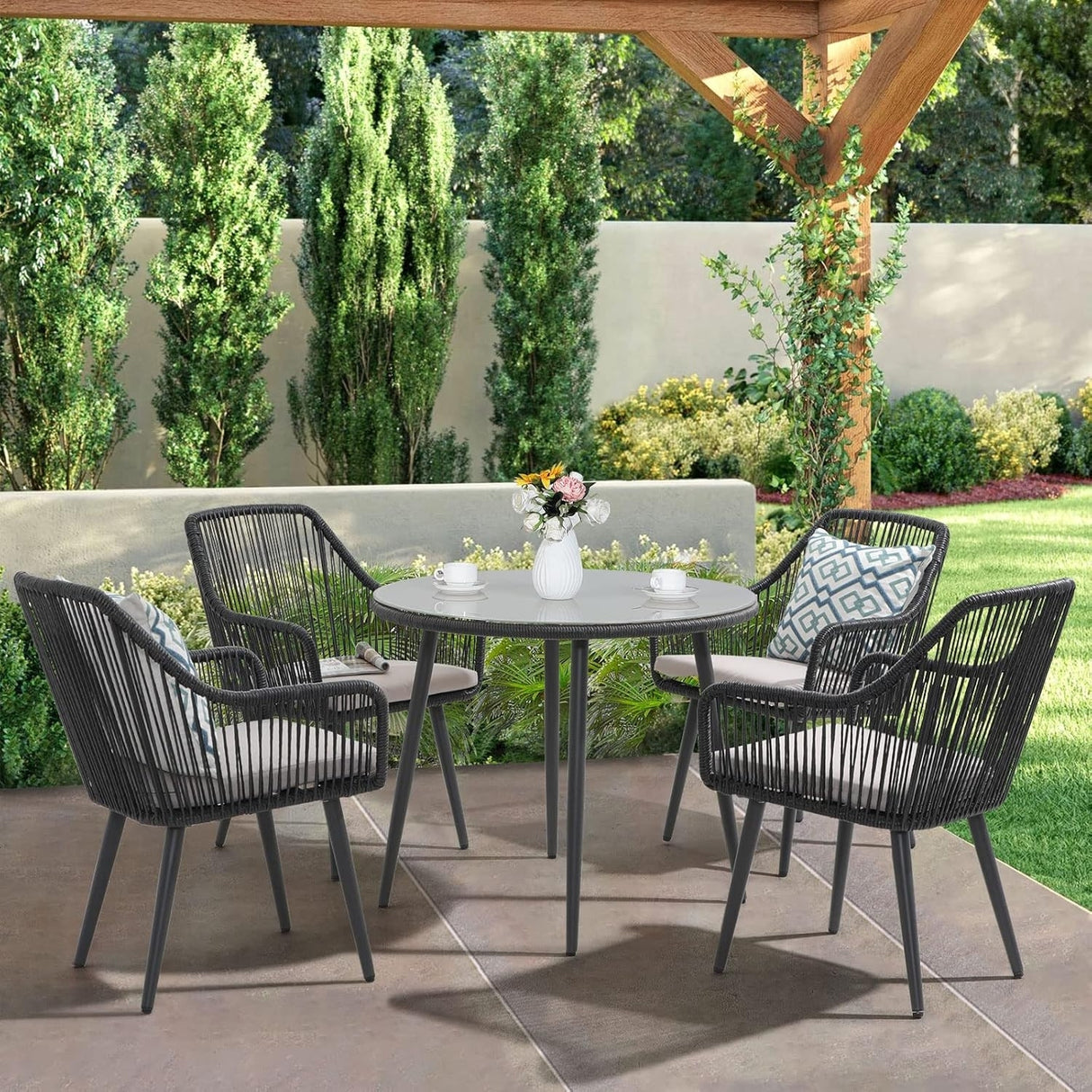 5-Piece Outdoor Rope Patio Dining Set With Glass Top Table