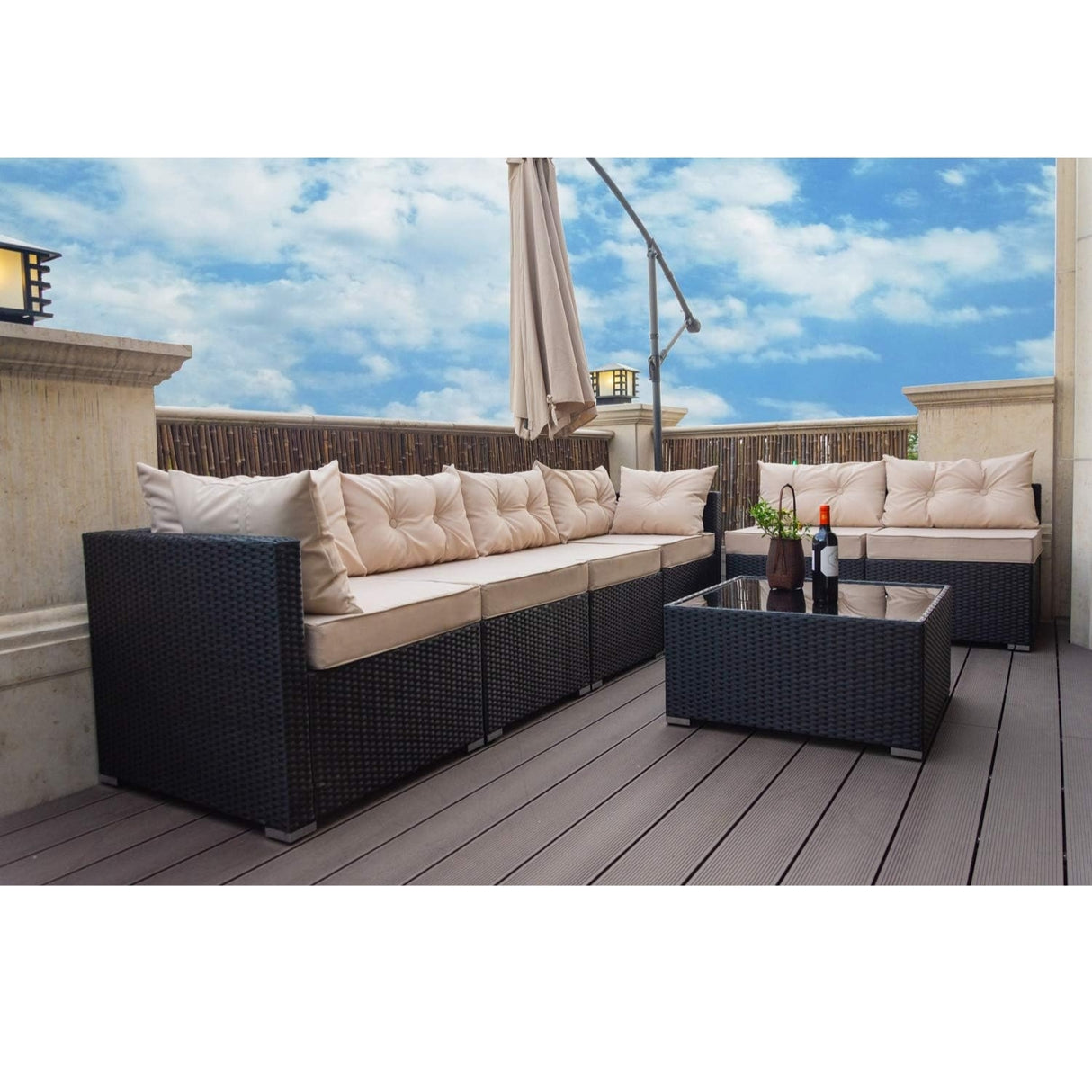 6-Seater Outdoor Garden Conversation Sofa Set (Dark Brown & Cream)