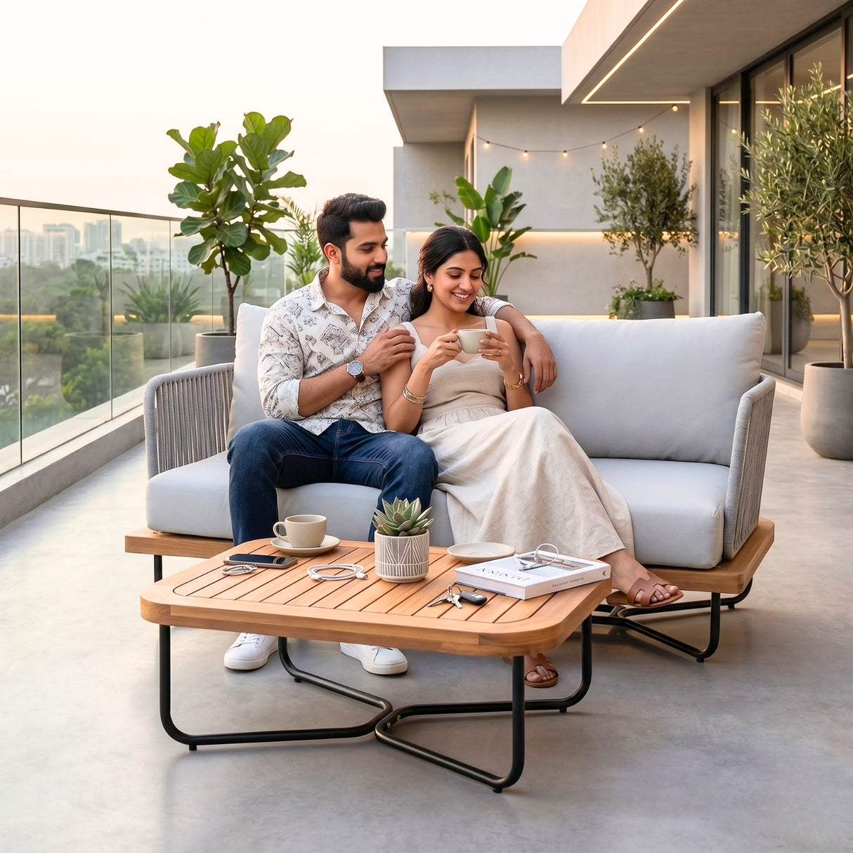 Outdoor Rope 2-Seater Sofa Set with Wooden Base & Slatted Wooden Coffee Table