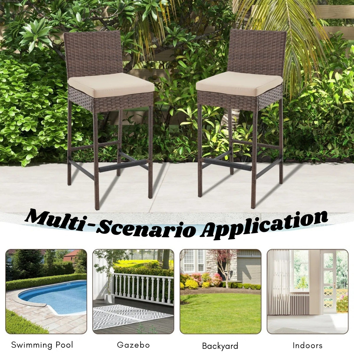 Outdoor Rattan Wicker Bar Chairs Set of 2