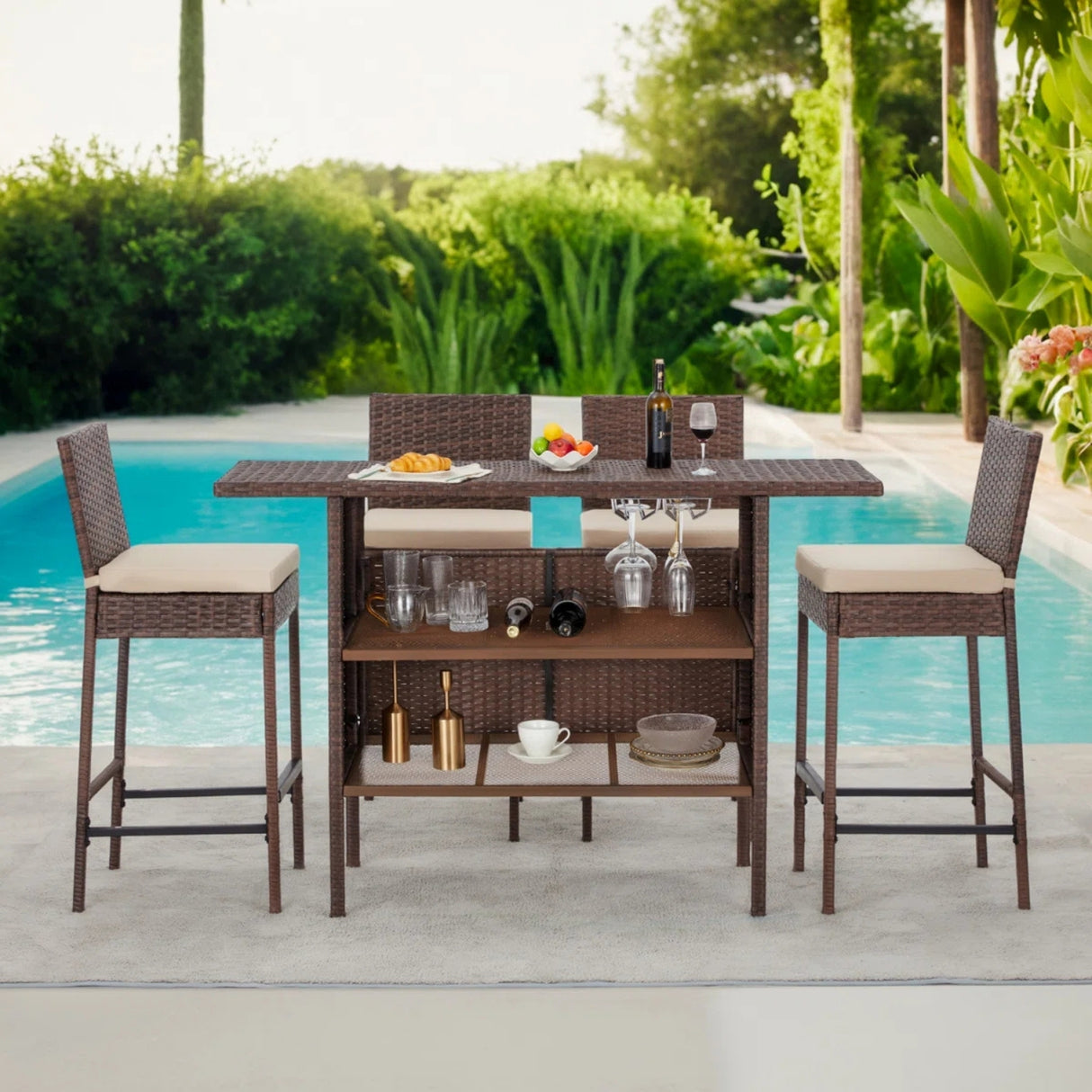 5-Piece Outdoor Rattan Wicker Bar Set with Wicker Top Table