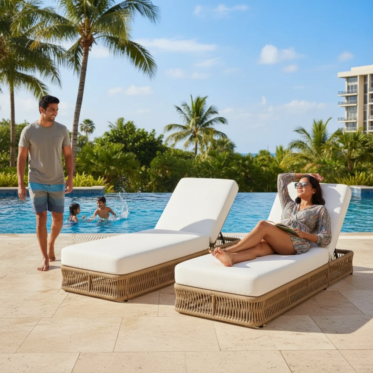 Outdoor All-Weather Rope Lounger Set of 2 (Beige & White)
