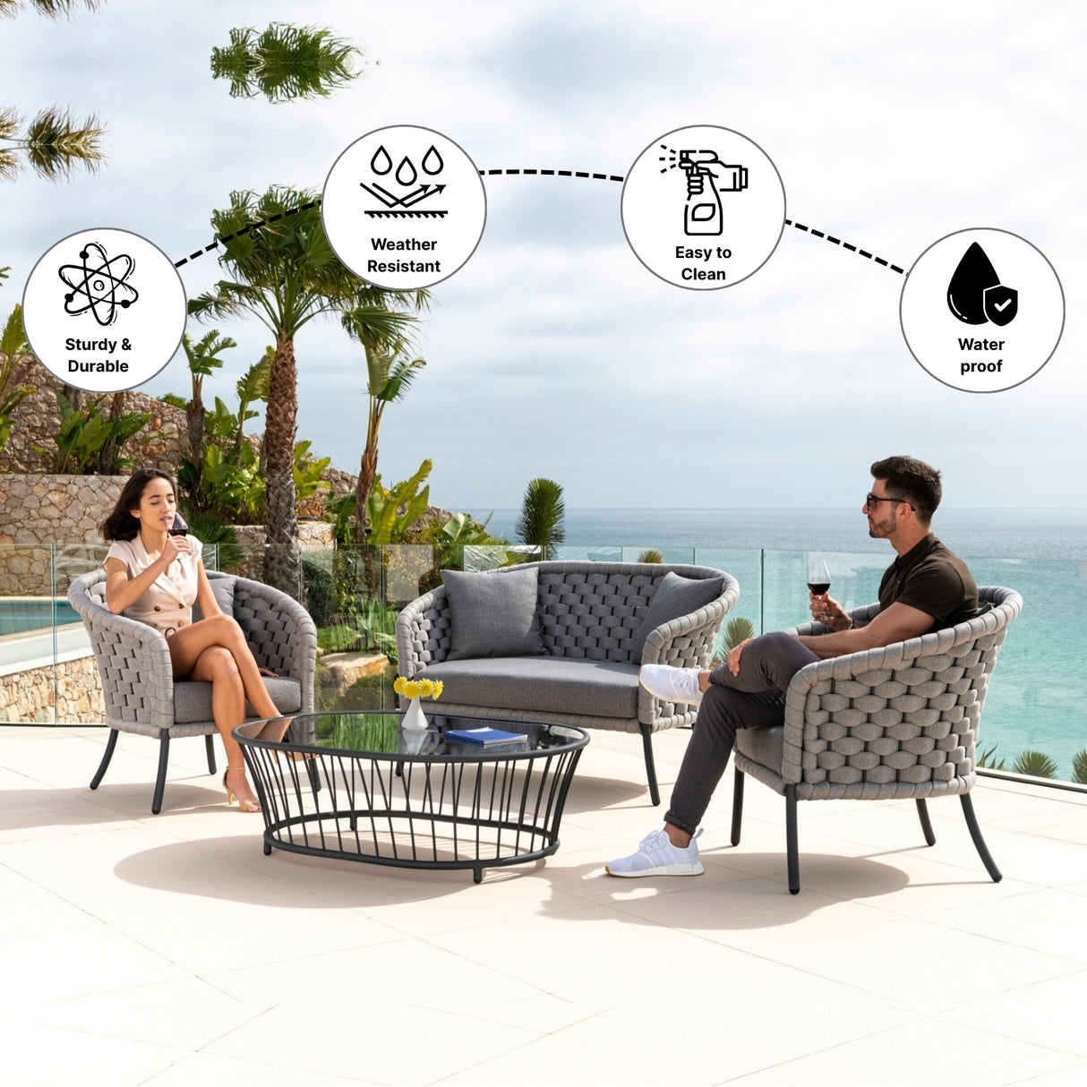 Outdoor Grey Rope 4 Piece Patio Sofa Set with Dark Grey Cushions