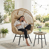 Outdoor Wicker Egg Chair with Glass Top Side Table (Beige & Cream)