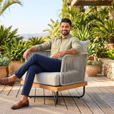 Outdoor Rope Sofa with Wooden Base (Grey)