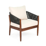 Outdoor Rope Sofa Set with  Round Slatted Coffee Table (Black & Off-White)