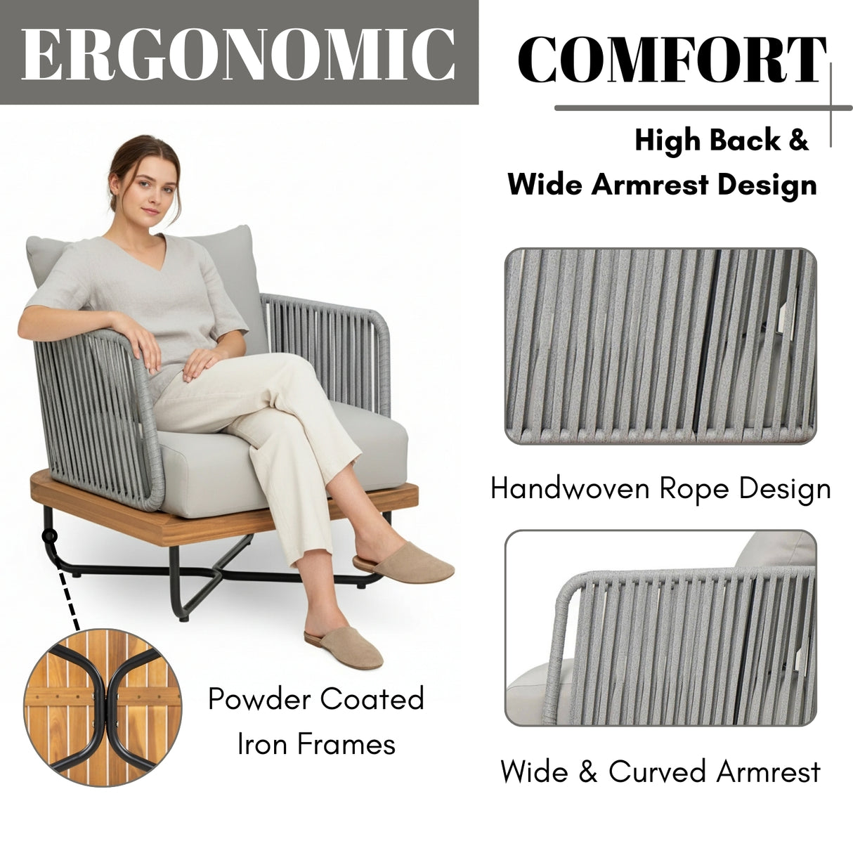 Outdoor 6-Piece Rope Woven Conversation Sofa Set with Wooden Top Table