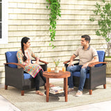 3-Piece Outdoor Wicker Patio Conversation Set (Dark Brown & Blue)