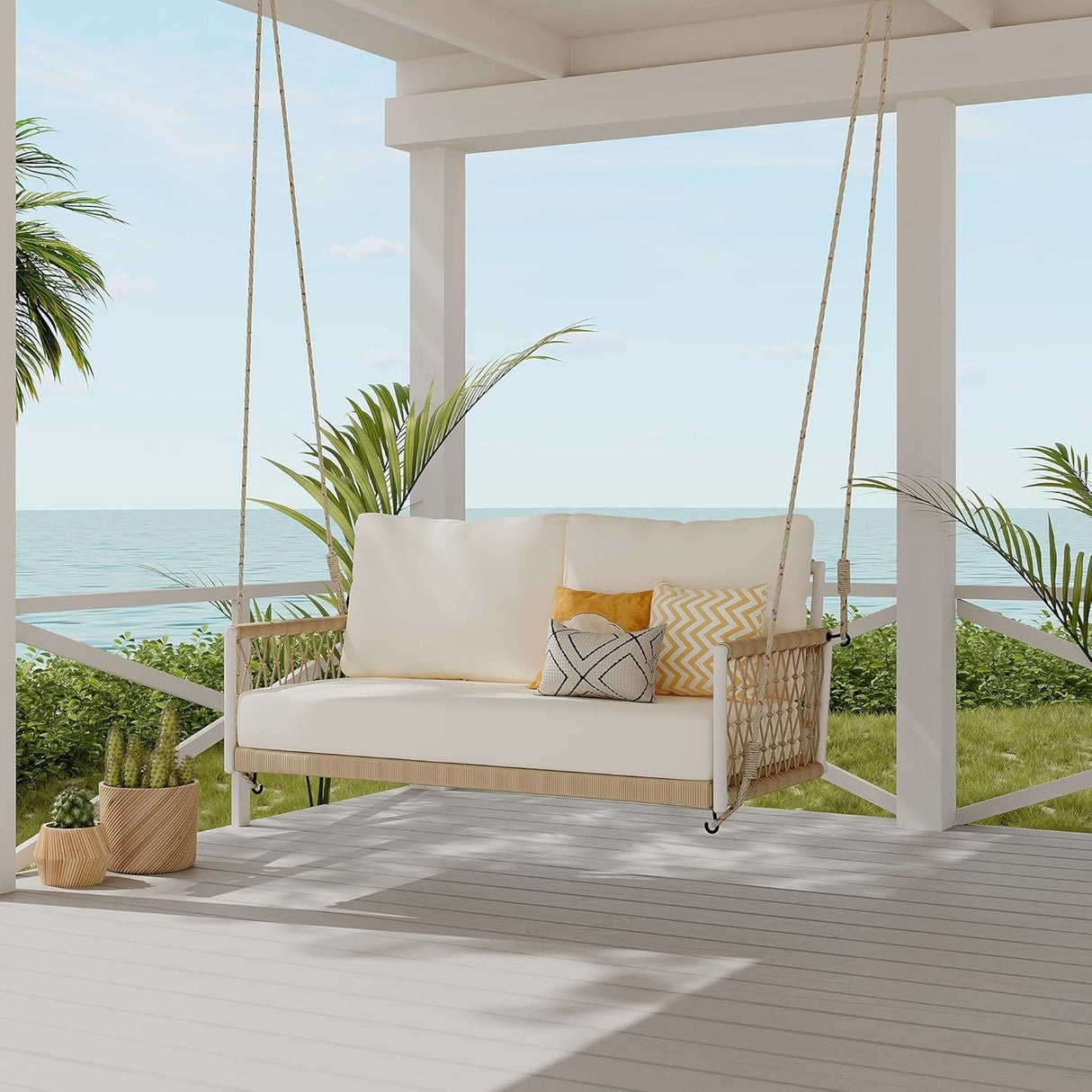 Outdoor Rope Swing 2-Person Hanging Chair, Weatherproof Porch Swing