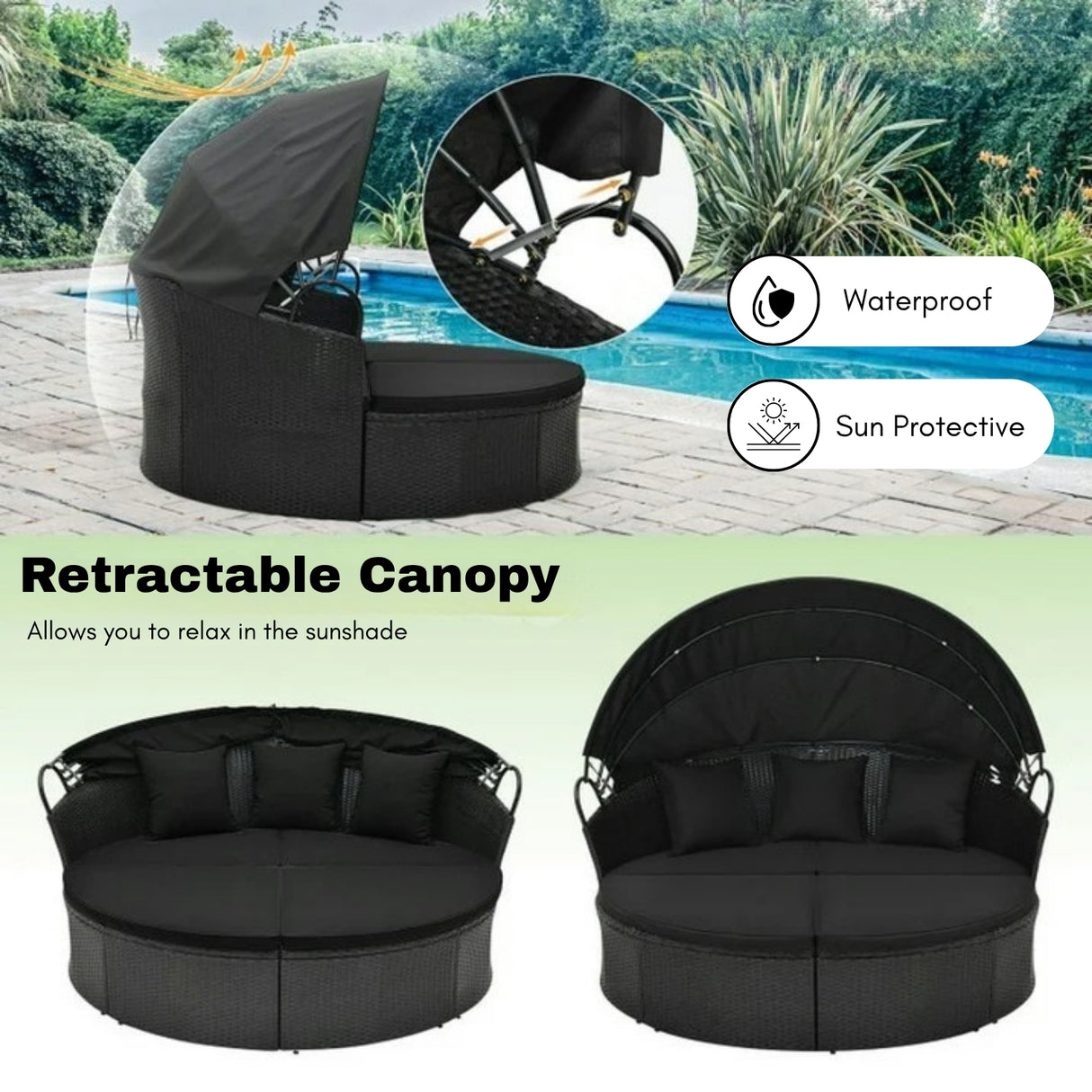 Outdoor Round Canopy Daybed Wicker Patio Furniture Set with Cushions