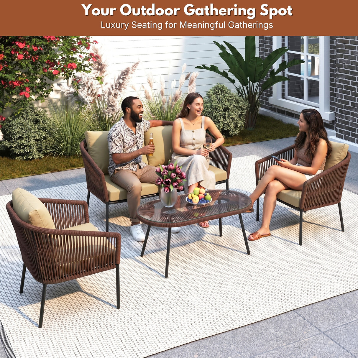 Outdoor 4 Seater Rope Conversation Sofa Set (Brown & Cream)