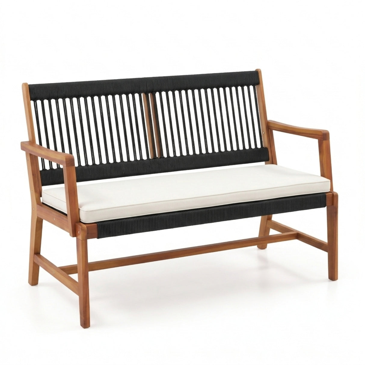 Outdoor Rope & Teak Wood 4-Piece Sofa Set (Black & White)