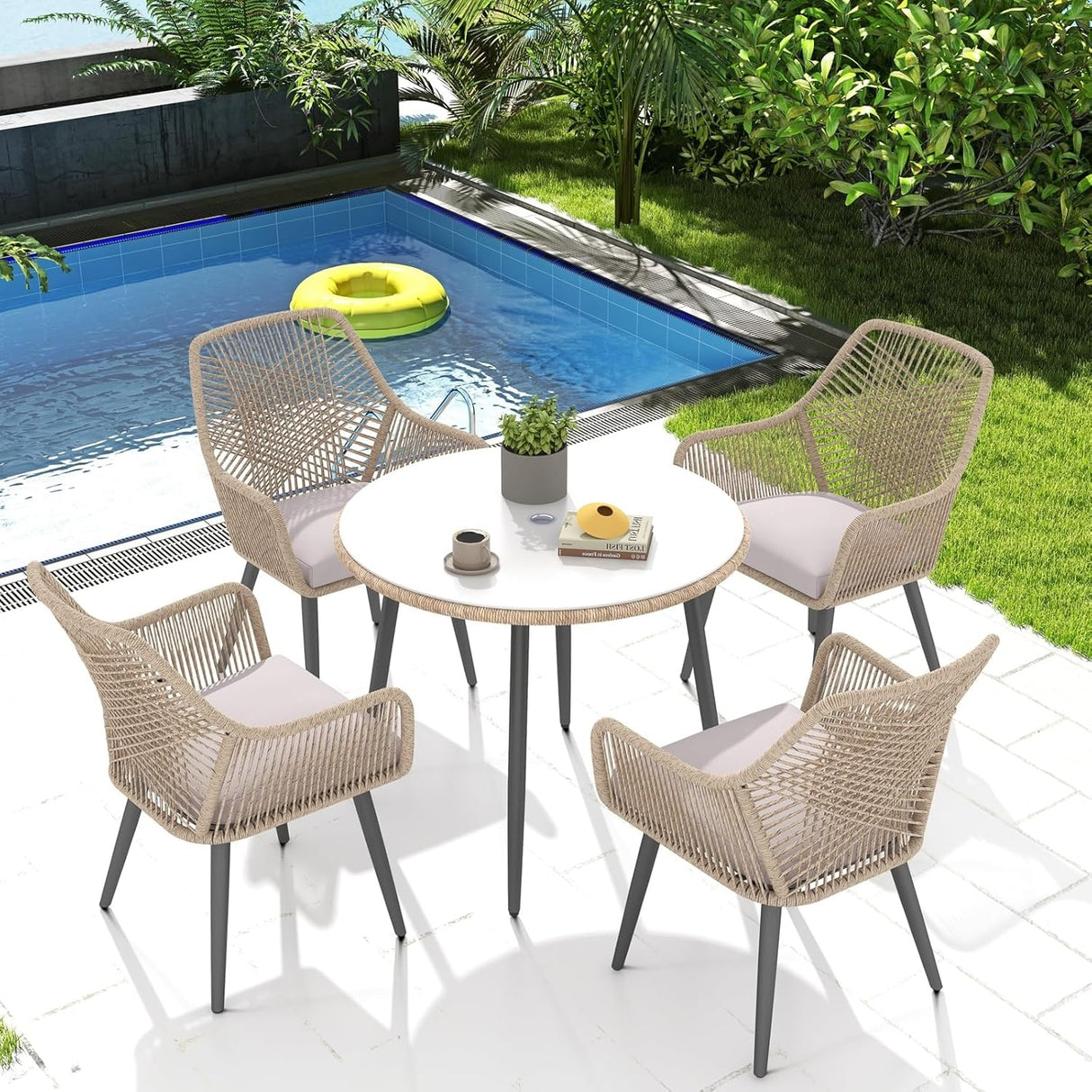 5-Piece Outdoor Patio Dining Set with Rope Chairs & Glass Top Table