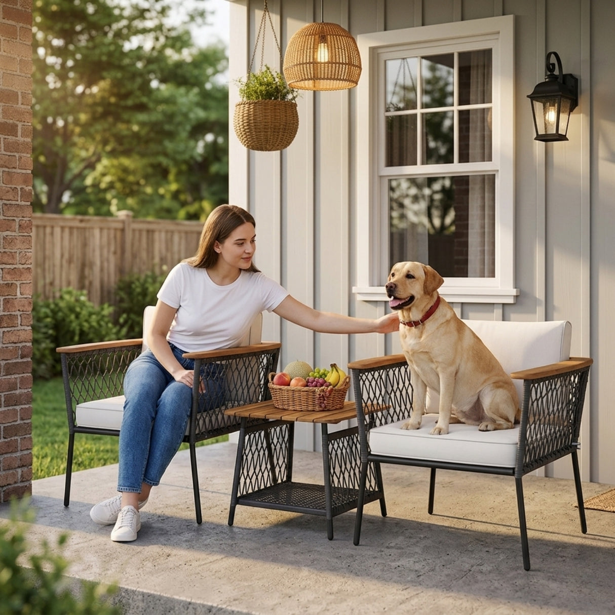 Modern Outdoor Wicker Patio Chair Set with 2-Tier Wooden Top Table