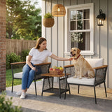 Modern Outdoor Wicker Patio Chair Set with 2-Tier Wooden Top Table