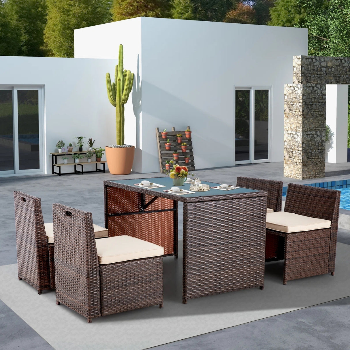 5-Piece Outdoor Patio Dining Set with Square Glass Tabletop