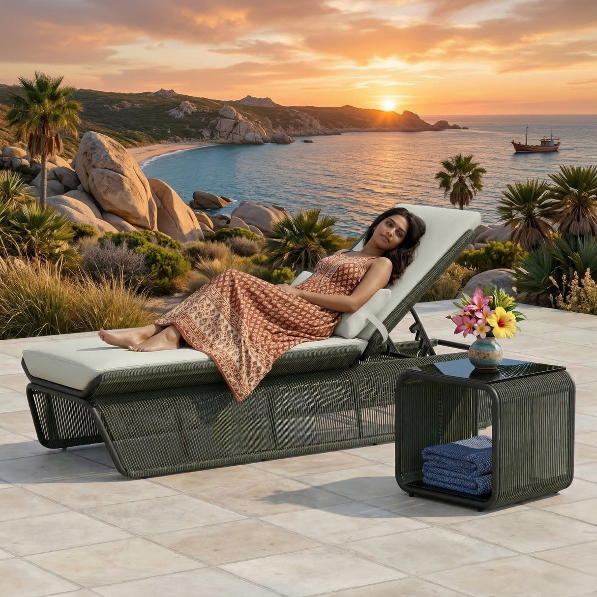 Outdoor Rope Lounge Chair With 2-Tier Table
