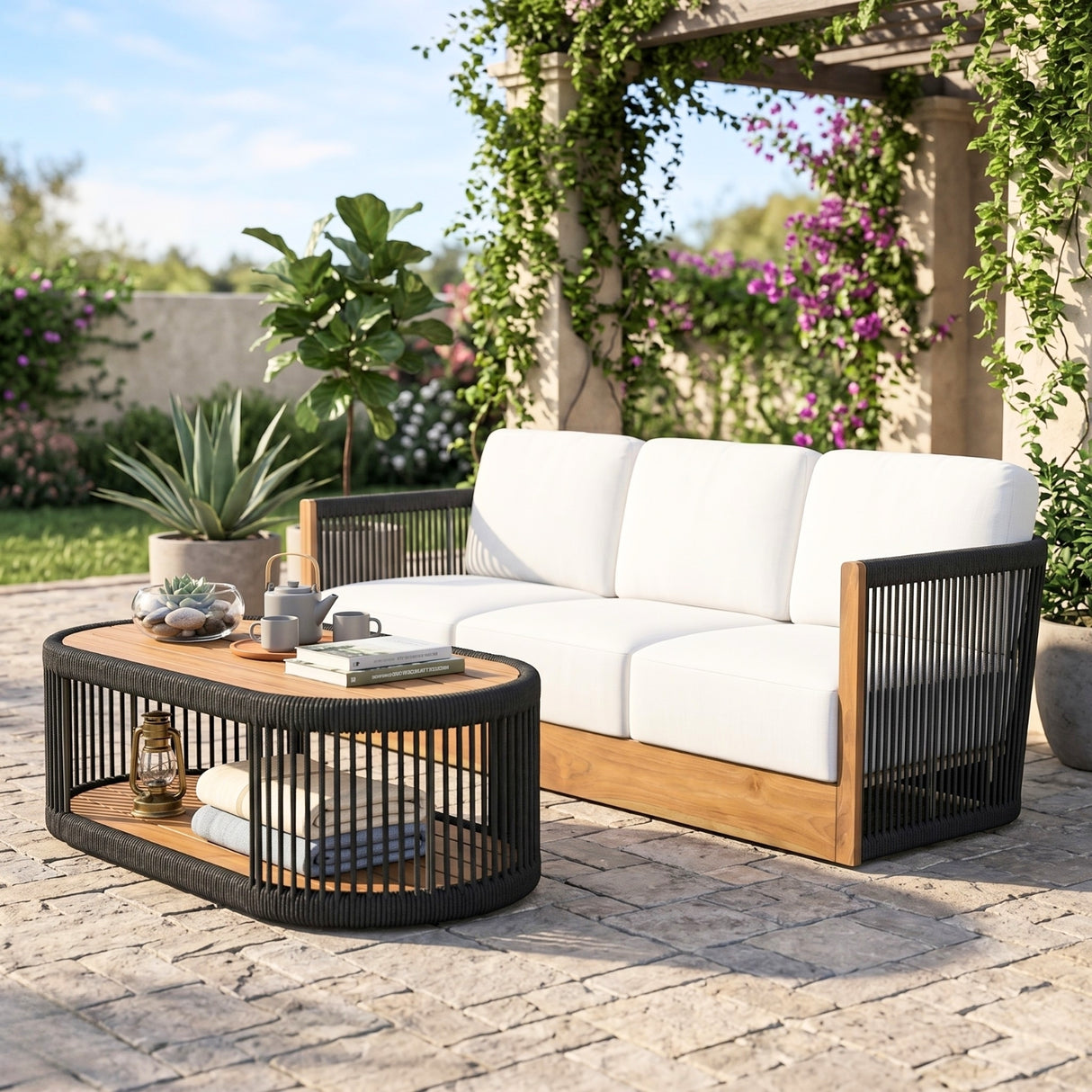Outdoor Teak Wood Rope 3 Seater Sofa Set with 2-Tier Center Table