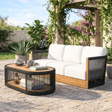 Outdoor Teak Wood Rope 3 Seater Sofa Set with 2-Tier Center Table