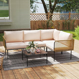 L-Shaped Rope Woven Outdoor Sofa Set (Beige & Cream)
