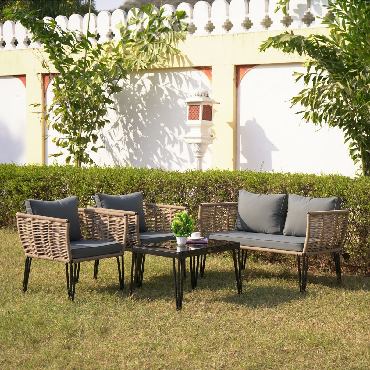 Outdoor Rope 4-Piece Patio Sofa Set with Glass Top Table (Beige & Dark Grey)