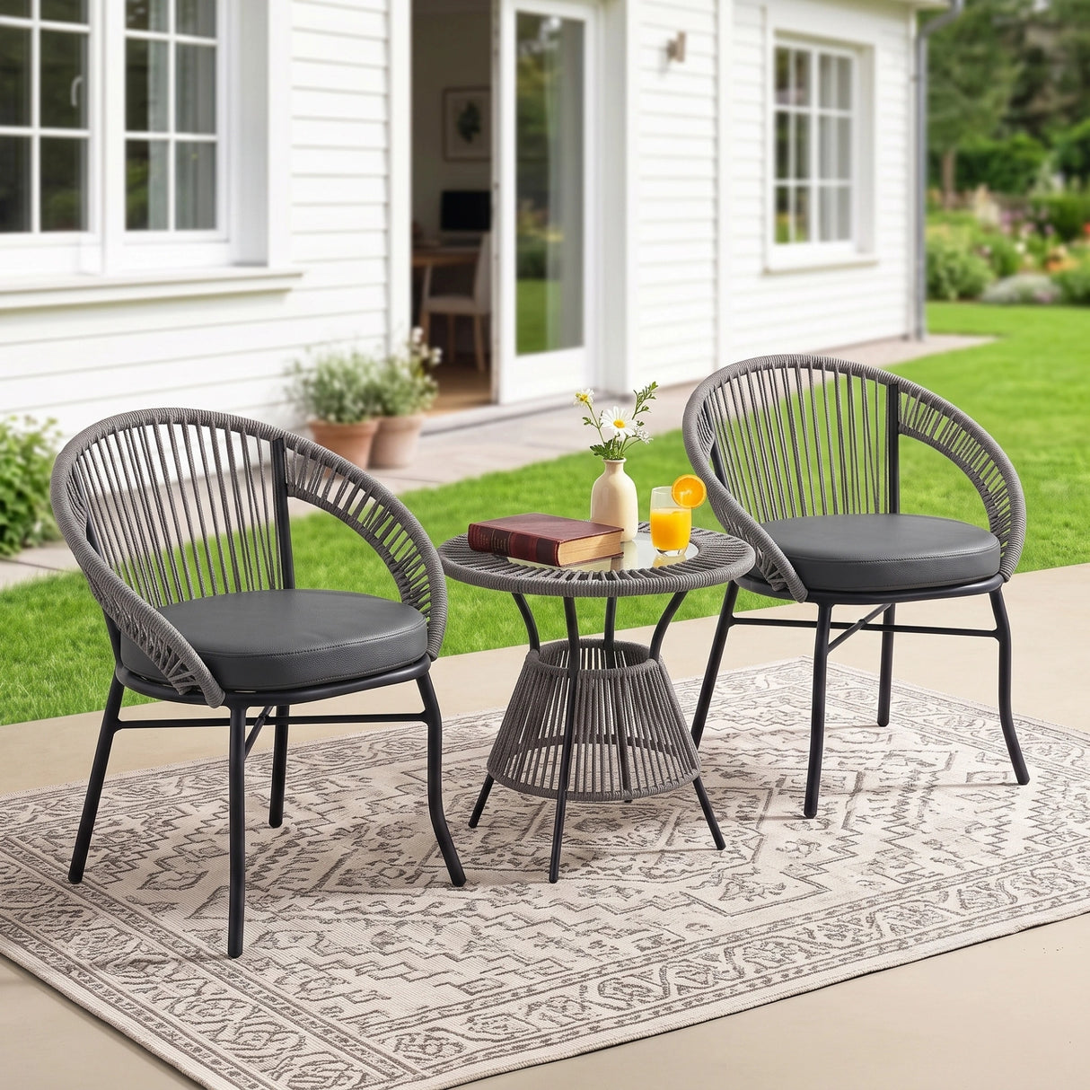Outdoor Rope 3 Piece Patio Bistro Set (Grey & Dark Grey)