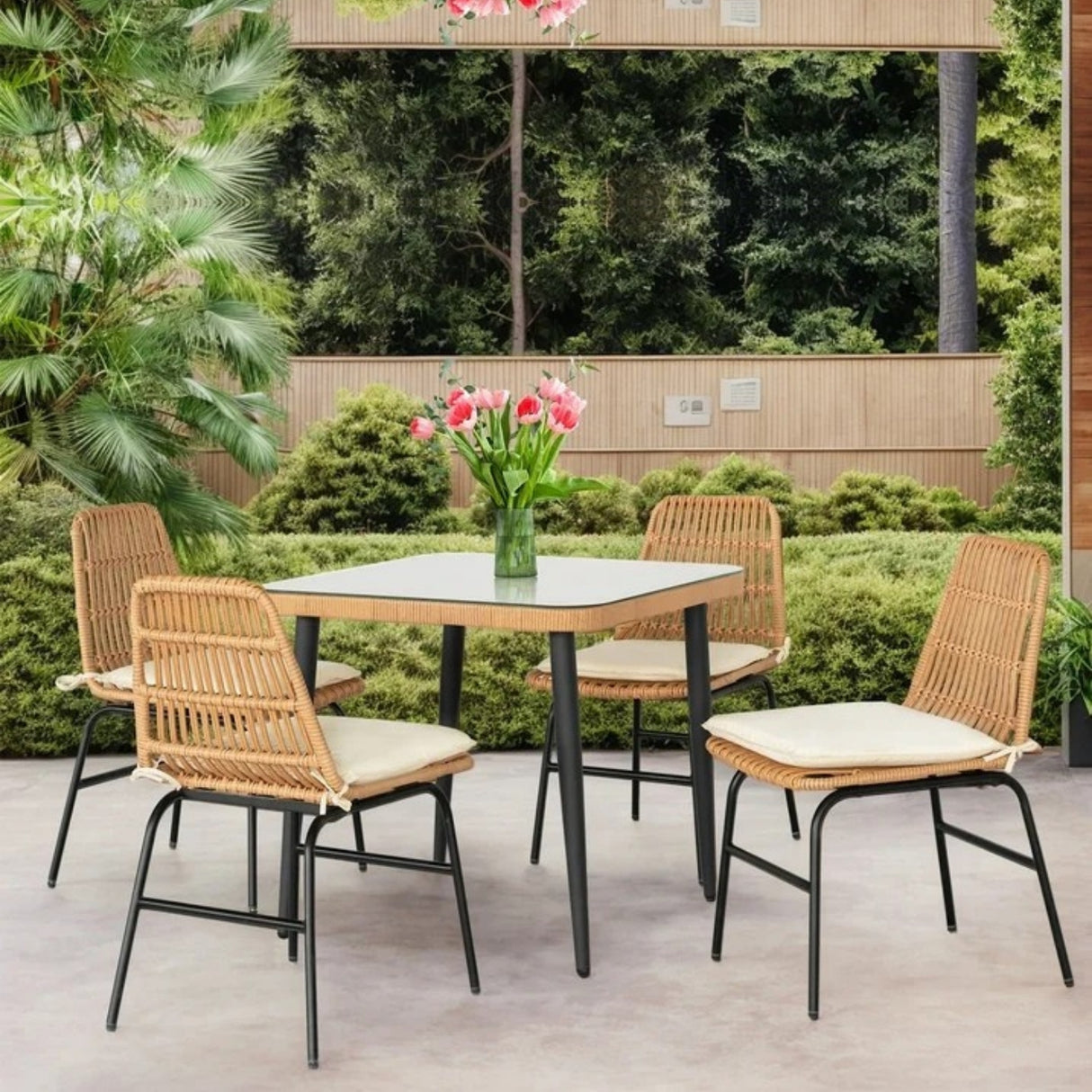 5-Piece Outdoor Patio Dining Set With Rattan Chairs & Glass-Top Table