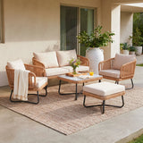 Outdoor 5pcs All-Weather Rope Sofa Set with Cushions (Beige & White)
