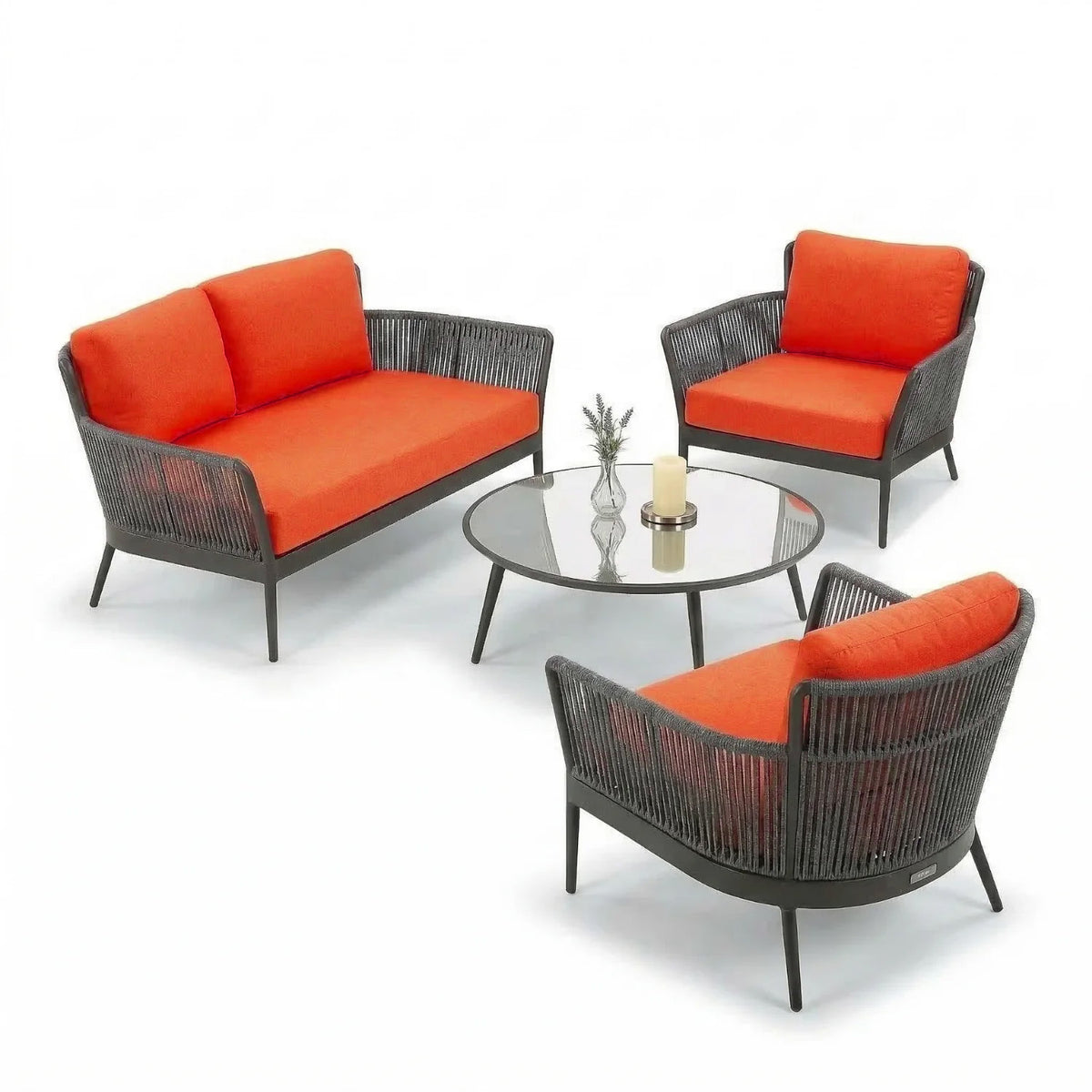 4-Piece Outdoor Rope Patio Furniture Set with Glass Top Table (Grey & Orange)