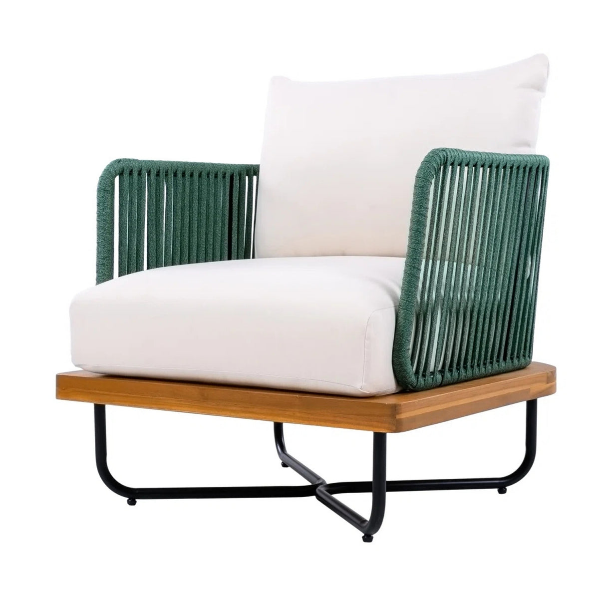 Outdoor Rope Sofa Set with Wooden Base & Teak Finish Coffee Table (Green & Off-White)