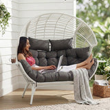 Outdoor Wicker Double Seater Egg Chair with Dual Cup Holders (White & Dark Grey)