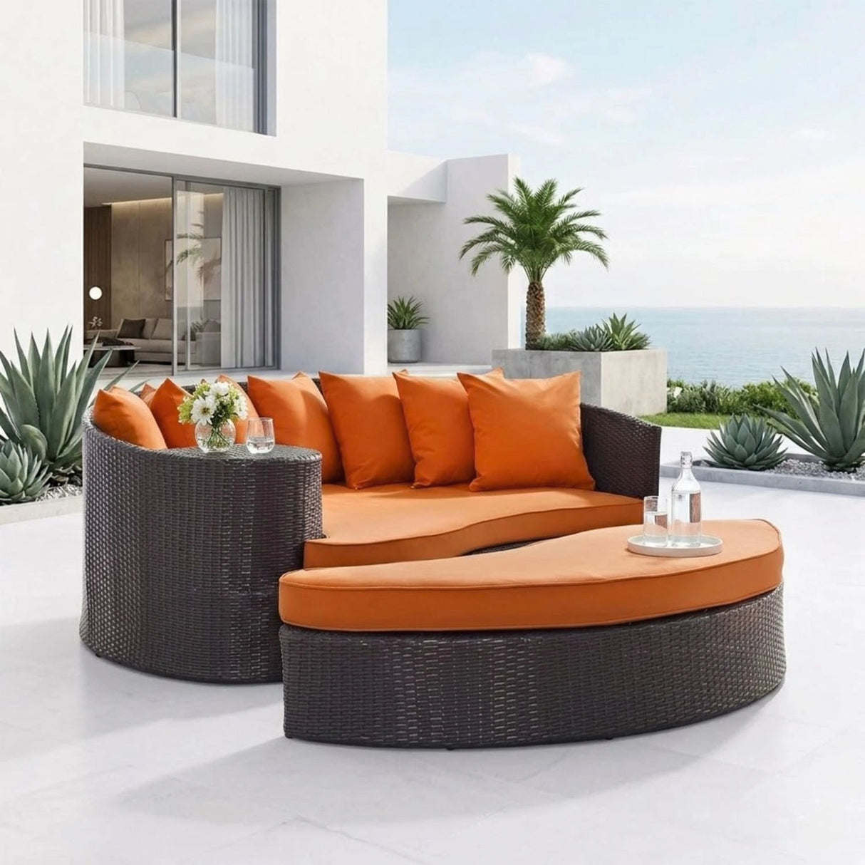 Outdoor Rattan Wicker Daybed (Dark Brown & Orange)