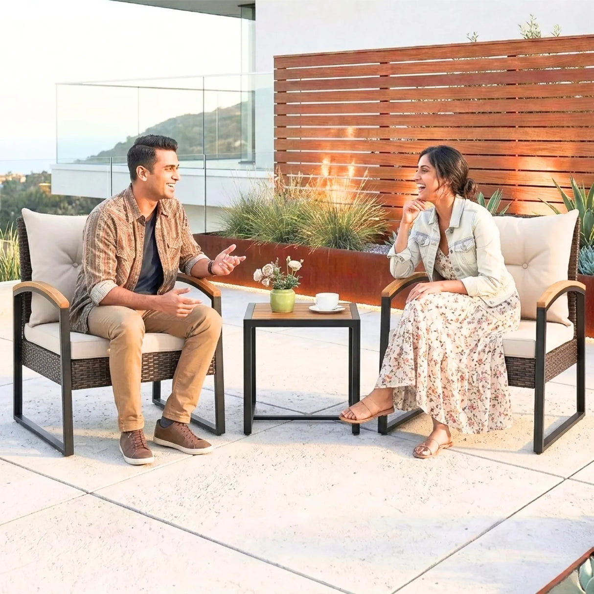 Outdoor Wicker Patio Chair Set with Wooden Armrests & Table