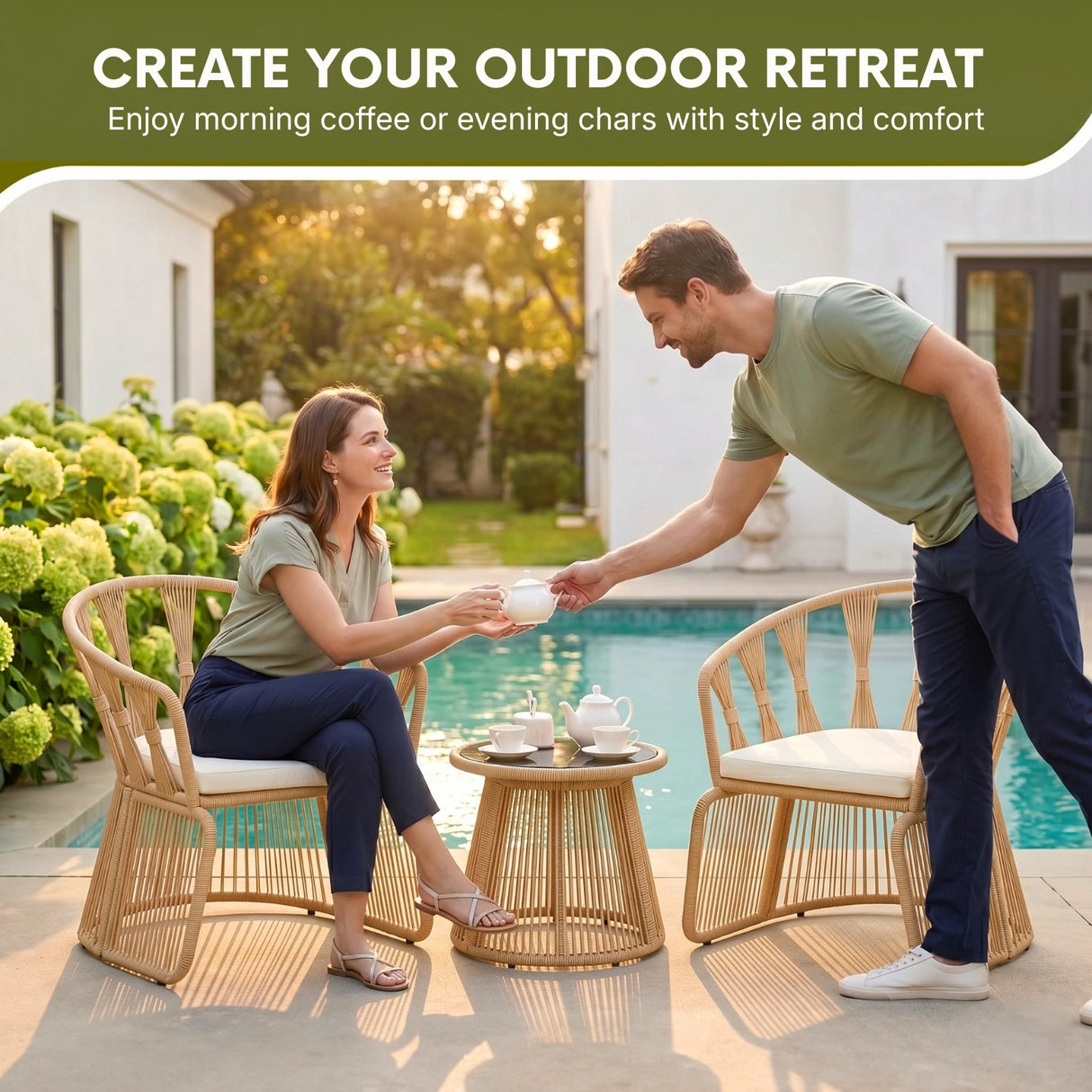 Outdoor Rope 3-Piece Patio Set (Beige & Off-White)