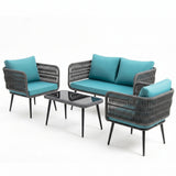Outdoor Rope 4 Seater Conversation Furniture Set (Grey & Sky-Blue)