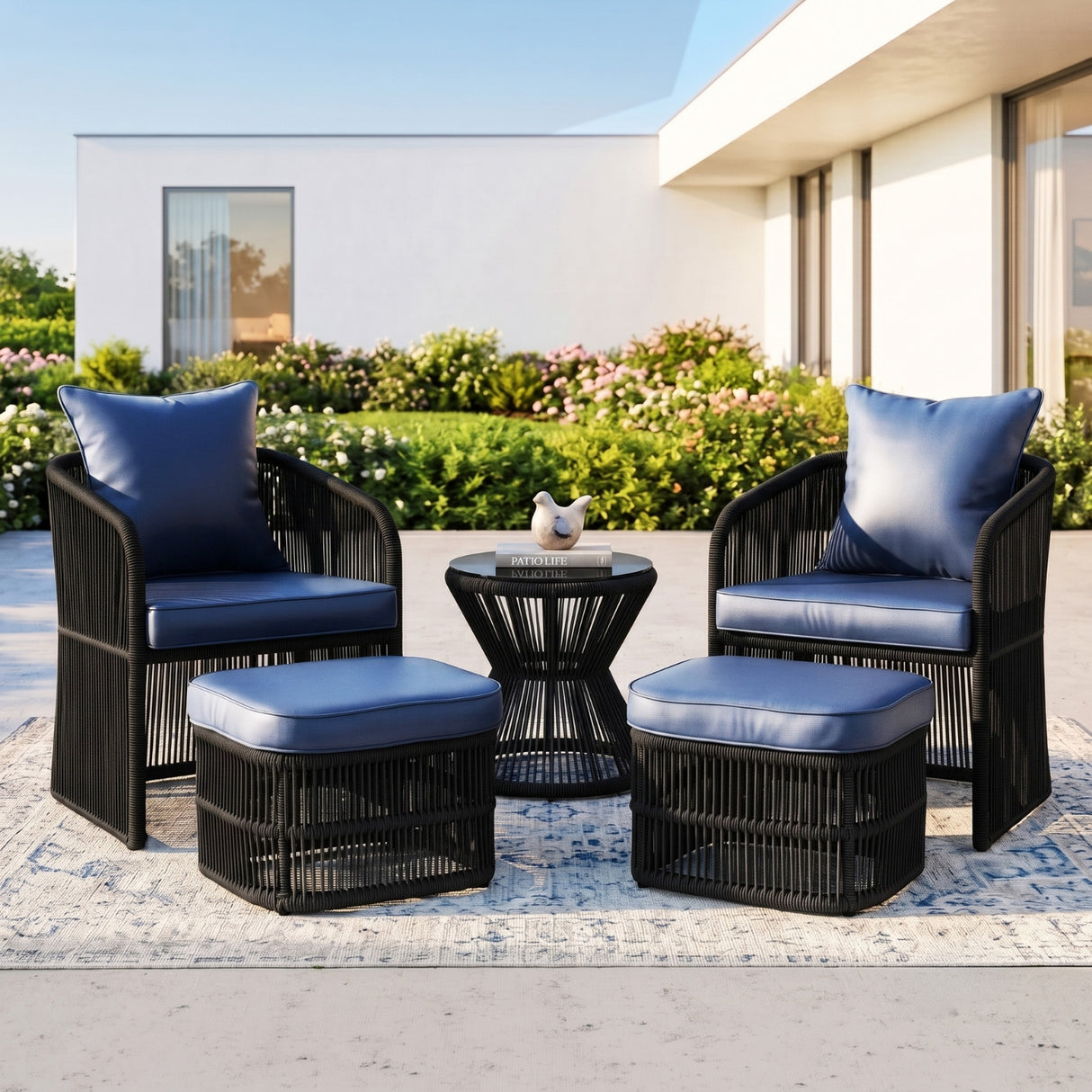 Outdoor 5 Piece Rope Patio Chair Ottoman Set (Black & Navy-Blue)