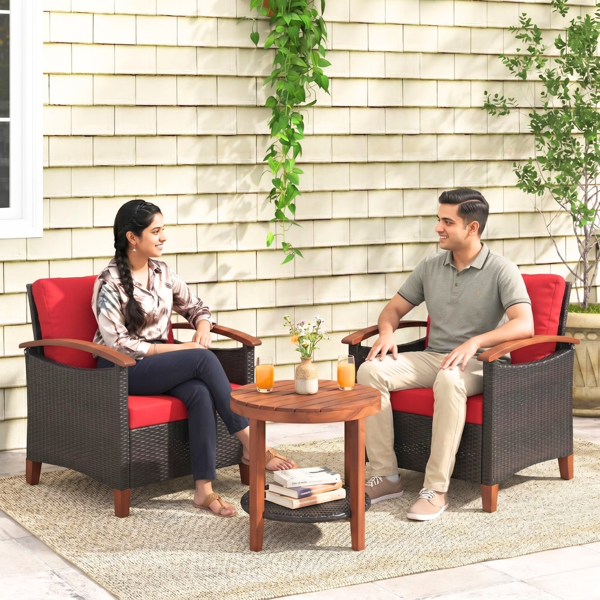 3-Piece Outdoor Wicker Patio Conversation Set (Dark Brown & Red)
