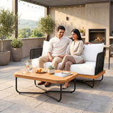 Outdoor Rope 2-Seater Sofa Set with Wooden Base & Slatted Wooden Coffee Table