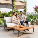 Outdoor Rope 2-Seater Sofa Set with Wooden Base & Slatted Wooden Coffee Table