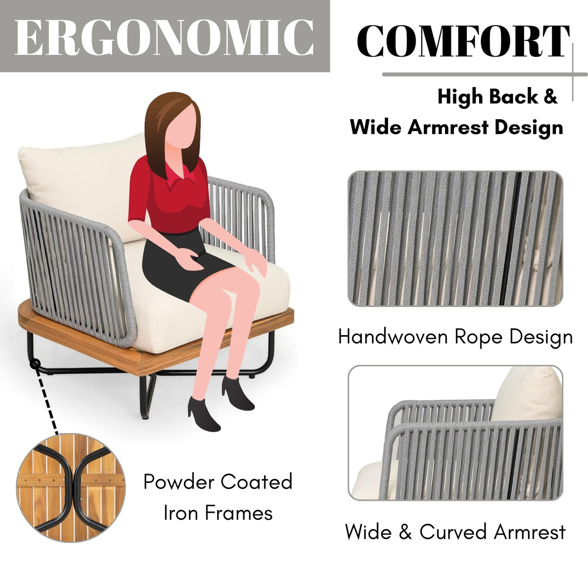 Outdoor 6-Piece Rope Woven Conversation Sofa Set with Wooden Top Table