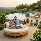 Outdoor All-Weather Rattan Wicker Round Daybed (Beige & Off-White)