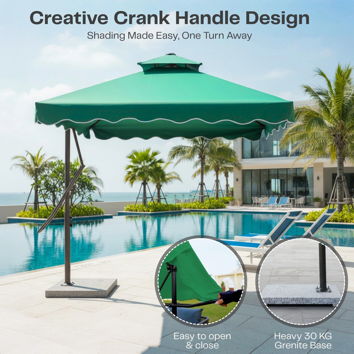10ft Side Pole Square Shape Outdoor Umbrella With Marble Base (Green)