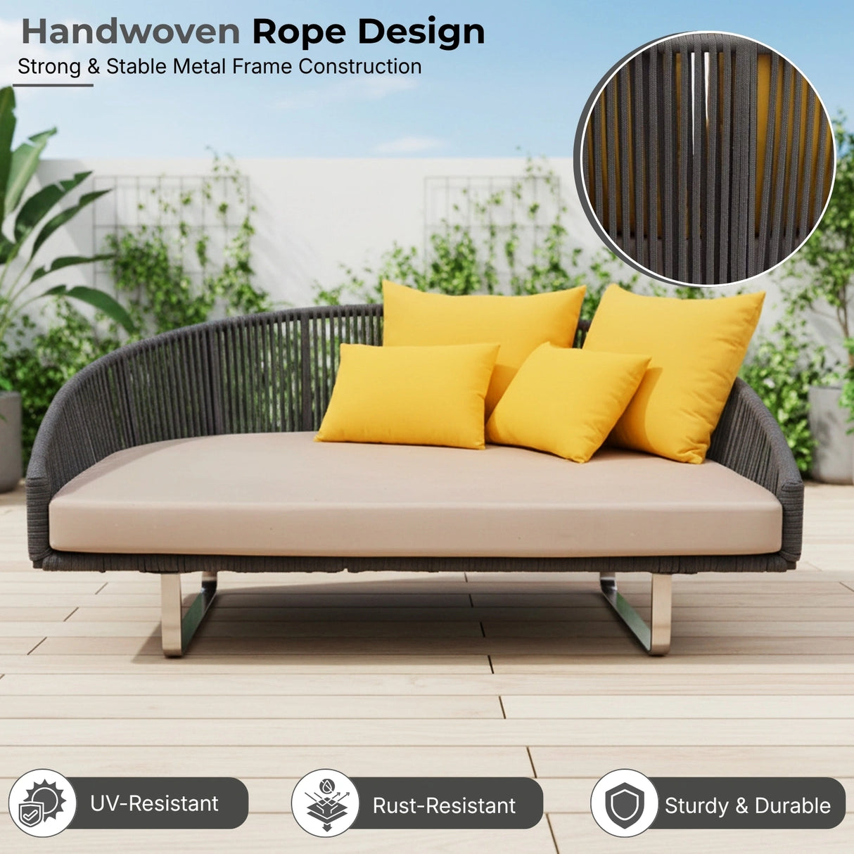 Outdoor Grey Rope Patio Daybed with Comfortable Cream Cushion