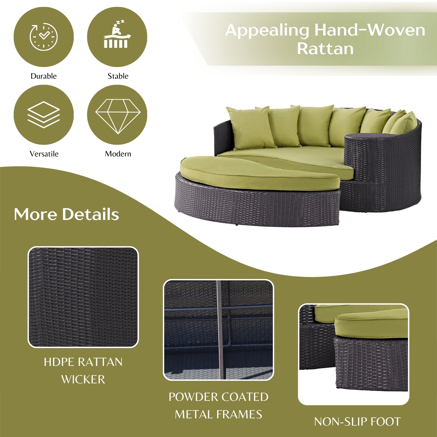 Outdoor Rattan Wicker Daybed (Dark Brown & Green)