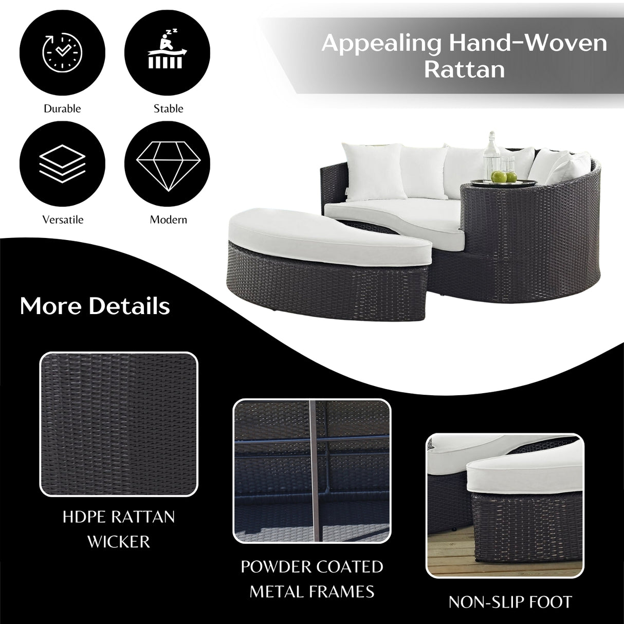 Outdoor Rattan Wicker Daybed (Dark Brown & White)