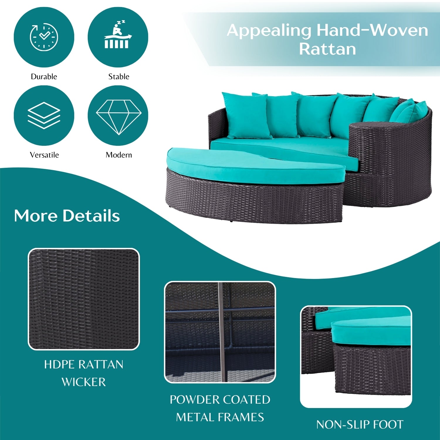 Outdoor Rattan Wicker Daybed (Dark Brown & Turquoise Blue)